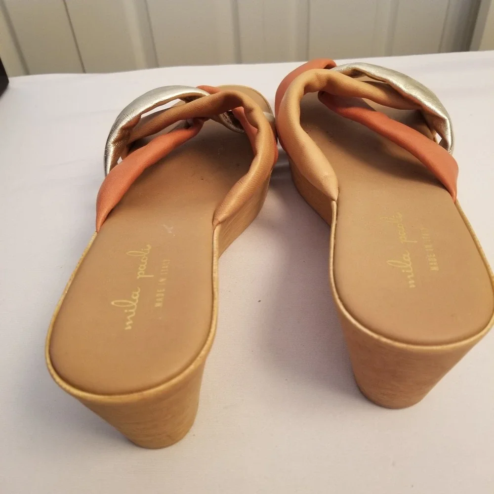 Milla Paoli Italian Leather Platform Wedge Sandals Metallic Silver Peach Tan 9